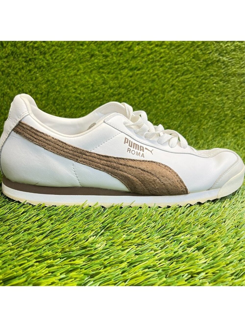 Puma Roma Mens‎ Size 9.5 White Brown Athletic Leather Walking Shoes Sneakers